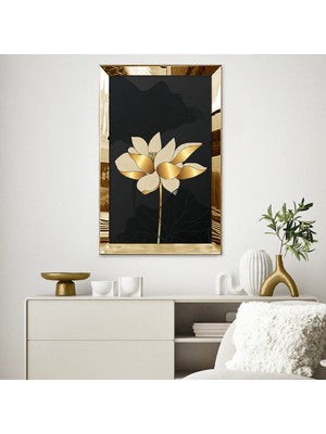 Zevahir Mobilya Dekorasyon Gold Aynalı Pleksi Çerçeveli Modern Minimal Altın Renkli Çiçek Tablosu