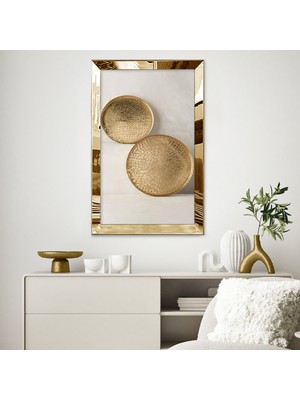 Zevahir Mobilya Dekorasyon Gold Aynalı Pleksi Çerçeveli Nötr Düzensiz Gri Altın Ikili Yuvarlak Şekilli Çizim Tablo