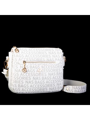 Nas Bag Kadın Çapraz Çanta Kalın Ayarlanabilir Askılı Çanta Beyaz  Yazılı (En: 26 cm,  Boy: 22 cm )