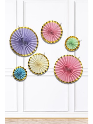 Pekshop Makaron Renkler Gold Yaldızlı Yelpaze Süs Seti 6lı Fan Duvar Süsü Makaron Gold Varaklı 6lı Arkalı Önlü
