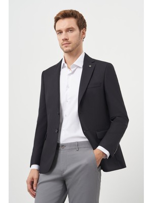  Erkek Siyah Poliviskon Slim Fit Mono Yaka Klasik Ceket