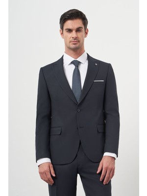 Morven  Erkek Lacivert Poliviskon Basic Jakar Desen Slim Fit Sivri Yaka Takım Elbise
