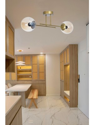 Woodhub Beyza Modern Tasarım Yatak Odası - Salon - Hol - Mutfak Eskitme Renk Bal Camlı 2 Li Avize
