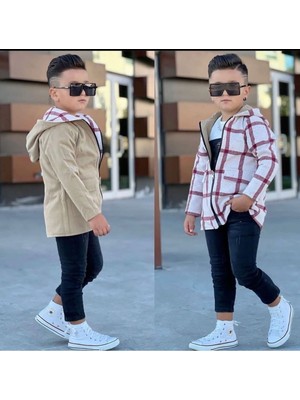 Asel Kids Çift Taraflı Gabardin Oduncu Trençkot, T-Shirt, Kot Pantalon Dahil 3’lü Takım