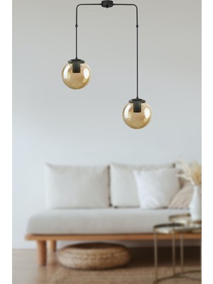 Woodhub Recoba Modern Metal Kasalı Bal Camlı Salon - Mutfak - Yatak Odası 2 Li Avize