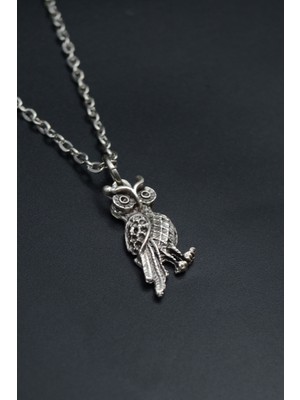 Minimal Baykuş  Gümüş Kaplama Unisex Düz Zincir Kolye kod 884