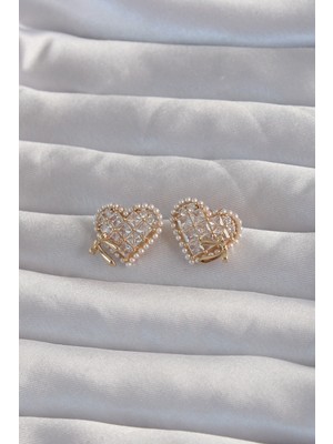 Angel Of Life Pirinç Gold Renk Fiyonk Detay Incili Zirkon Taşlı Kalp Küpe - TJ-BKP9299