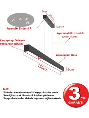 Rultech Lineer 150CM Siyah Kasa Gün Işık (sarı) 3000K Ledli Sarkıt Modern LED Avize, Salon, Mutfak, Masa Üstü Avize Aydınlatma