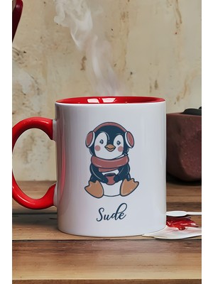 Hedizu Kişiye Özel Tatlı Penguen Kupa Bardak Kırmızı Arkadaşa Doğum Günü Hediyesi