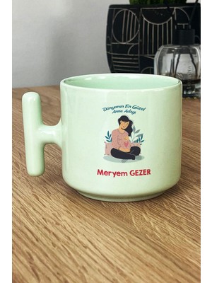 Hedizu Kişiye Özel Hamile Anne Adayı Pastel T Kulplu Kupa Bardak Yeşil Anneler Günü Hediyesi