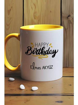 Hedizu Kişiye Özel Happy Birthday Kupa Bardak Sarı Arkadaşa Kardeşe Ablaya Doğum Günü Hediyesi