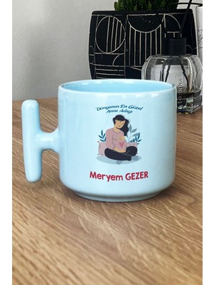 Hedizu Kişiye Özel Hamile Anne Adayı Pastel T Kulplu Kupa Bardak Mavi Anneler Günü Hediyesi