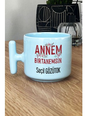 Hedizu Kişiye Özel Annem Birtanemsin Pastel T Kulplu Kupa Bardak Mavi Doğum Günü Hediyesi