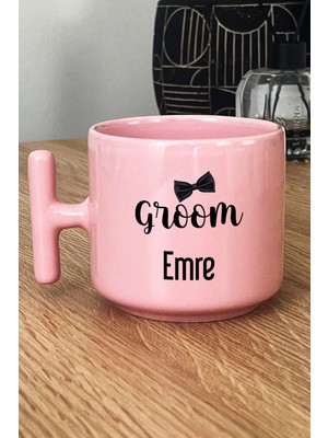Hedizu Kişiye Özel Groom Pastel T Kulplu Kupa Bardak Pembe Söz Nişan Düğün Hediyesi