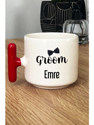 Hedizu Kişiye Özel Groom Kupa Bardak T Kulplu Kırmızı Söz Nişan Düğün Hediyesi