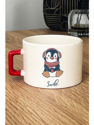 Hedizu Kişiye Özel Tatlı Penguen Lüks Fincan Kırmızı Arkadaşa Doğum Günü Hediyesi
