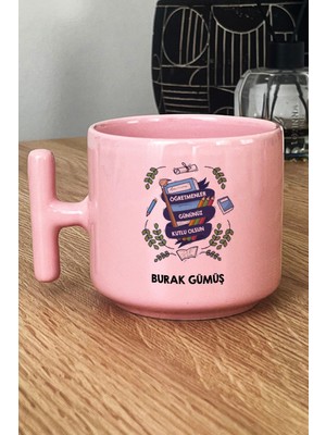 Hedizu Kişiye Özel Öğretmene Hediye Pastel T Kulplu Kupa Bardak Pembe Öğretmenler Günü Hediyesi