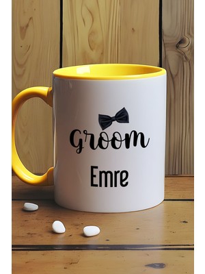 Hedizu Kişiye Özel Groom Kupa Bardak Sarı Söz Nişan Düğün Hediyesi