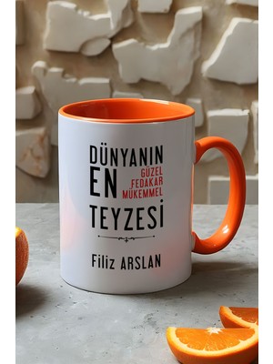 Hedizu Kişiye Özel Teyzeye Hediye Kupa Bardak Turuncu Teyzeye Doğum Günü Hediyesi