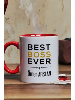 Hedizu Kişiye Özel Best Boss Ever Kupa Bardak Kırmızı Patrona Doğum Günü Hediyesi