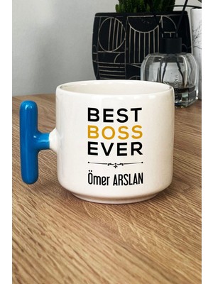 Hedizu Kişiye Özel Best Boss Ever Kupa Bardak T Kulplu Mavi Patrona Doğum Günü Hediyesi