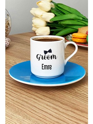 Hedizu Kişiye Özel Groom Türk Kahvesi Fincanı Mavi Söz Nişan Düğün Hediyesi