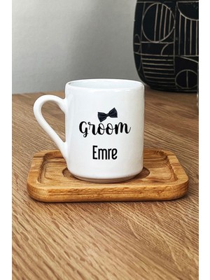 Hedizu Kişiye Özel Groom Türk Kahvesi Fincanı Ahşap Altlıklı Söz Nişan Düğün Hediyesi