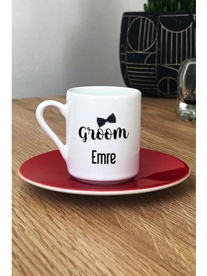 Hedizu Kişiye Özel Groom Türk Kahvesi Fincanı Kırmızı Söz Nişan Düğün Hediyesi