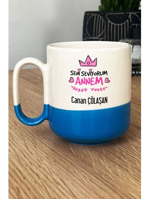Hedizu Kişiye Özel Seni Seviyorum Annem Pro Kupa Bardak Mavi Anneye Doğum Günü Hediyesi