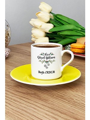 Hedizu Kişiye Özel Nice Mutlu Yıllara Türk Kahvesi Fincanı Sarı Yılbaşı Hediyesi
