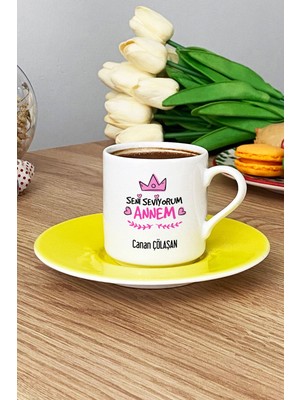 Hedizu Kişiye Özel Seni Seviyorum Annem Türk Kahvesi Fincanı Sarı Anneye Doğum Günü Hediyesi
