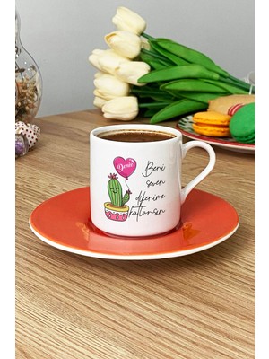 Hedizu Kişiye Özel Kaktüs Türk Kahvesi Fincanı Turuncu Isme Özel Arkadaşa Doğum Günü Hediyesi