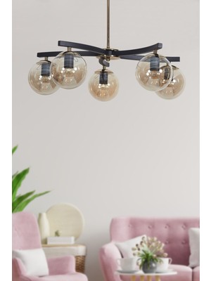 Woodhub Lara 5 Li Gold-Siyah Metal Gövde Bal Rengi Camlı Tasarım Lü x  Avize