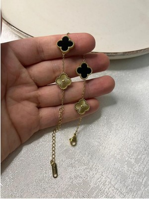 Mog Concept Paslanmaz Kararmaz Siyah Gold Taşlı Çift Yönlü Gümüş Renk Van Cleef Çelik Bileklik