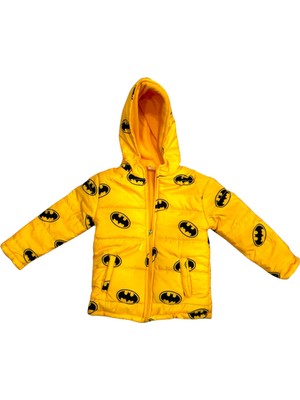 Batman Şişme Unisex Çocuk Montu Içi Polarlı Kalın Su Geçirmez Kapüşonlu Baskılı Kışlık Şişme Mont