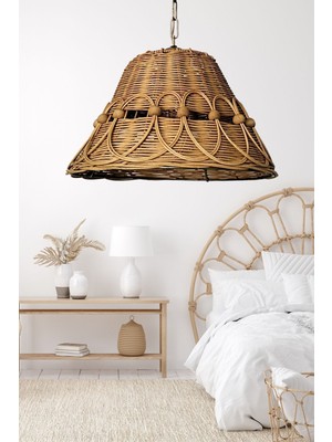 Woodhub Rattan Bambu Hasır Sarkıt Avize 35  cm  Zincirli Eskitme Tesisatlı
