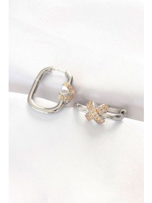 Angel Of Life Pirinç Çift Renk Taşlı x Tasarımlı Dikdörtgen Küpe - TJ-BKP8891