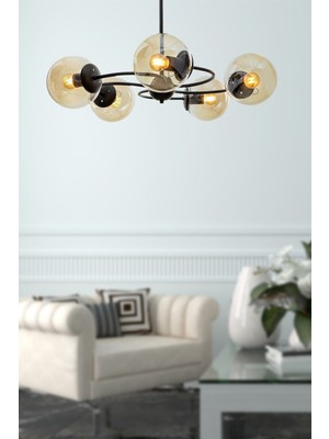 Woodhub Dönence 5.li Siyah-Bal Camlı Avize