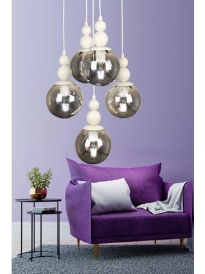 Woodhub Sonsuz 5.li Avize Beyaz Füme Cam