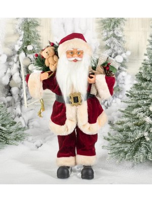 Sole Yılbaşı Süsü Noel Baba Biblo Figür Büyük Boy 45CM - Peluş Ayılı Hediye Çuvalı ve Aksesuarları ile