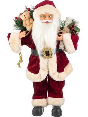 Sole Yılbaşı Süsü Noel Baba Biblo Figür Büyük Boy 45CM - Peluş Ayılı Hediye Çuvalı ve Aksesuarları ile