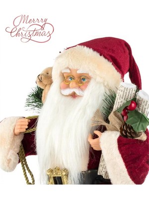 Sole Yılbaşı Süsü Noel Baba Biblo Figür Büyük Boy 45CM - Peluş Ayılı Hediye Çuvalı ve Aksesuarları ile