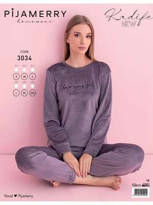 Pijamerry Kadın Kışlık Bisiklet Yaka Kadife Pijama Takımı 3034M - 1 Adet