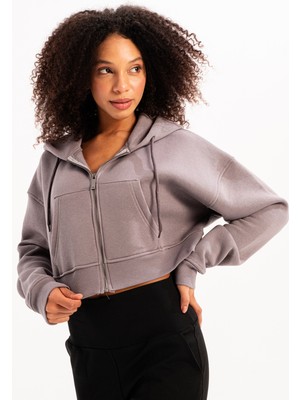 Justever Crop Kapüşonlu Fermuarlı Kanguru Cepli Şardonlu Hoodie Gri Kadın Sweatshirt - Lumen