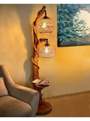 Woodhub Doğal Ağaç Lambader Yalıkavak Serisi Halatlı Lambader Ceviz 180 cm