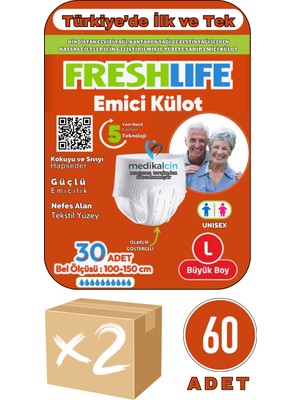 Freshlife Yetişkin Külotlu Hasta Bezi Emici Külot L (Büyük Boy) 60 Adet 2 Paket