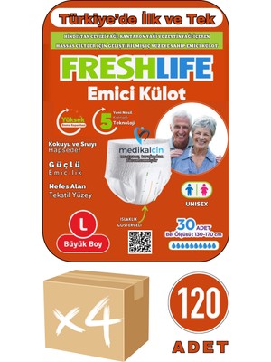 Freshlife Yetişkin Emici Külotlu Hasta Bezi Large (Büyük Boy) 120 Adet 4 Paket