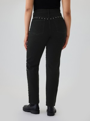 Kadın Siyah High Rise Studded '90S Straight Jean Pantolon