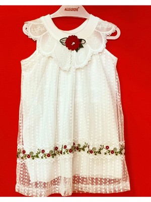 Çiçek Detaylı Güpürlü Kız Çoçuk Elbise