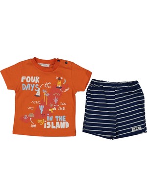 Erkek Bebek Kırmızı Laci Çizgili Four Days Yazılı Şortlu 2'li Takım